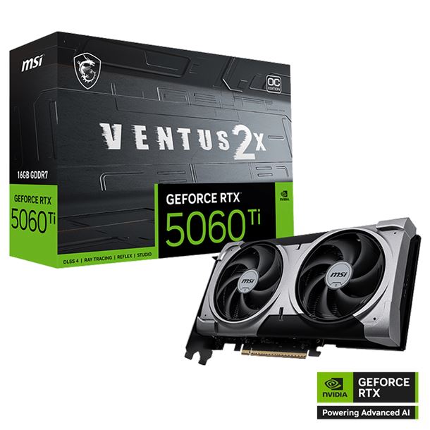 PLACA VIDEO MSI GEFORCE RTX 5060TI VENTUS 2X OC PLUS | 8GB GDDR7 | 128-BIT | BOOST CLOCK 2602MHZ | DLSS 4 | RAY TRACING | PCIE 5.0 | 4608 CUDA CORES | HDMI | DISPLAYPORT | REFRIGERACION STORMFORCE 