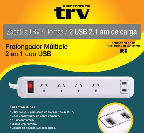 ZAPATILLA ELECT 4 TOMAS + 2 USB TRV