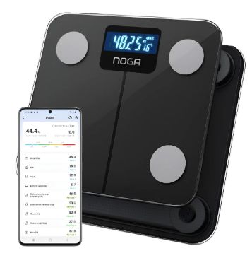 BALANZA DIGITAL SMART NOGA NG-B01 NEGRO HASTA 180KG | SENSORES | APP INFORMACIóN DE MASA MUSCULAR, GRASA CORPORAL, RíTMO CARDíACO E HISTORIAL DE MEDICIóN A TRAVéS DE LA APP