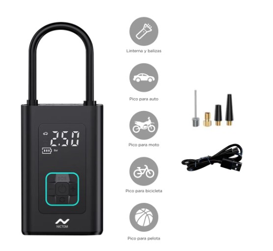 COMPRESOR DE AIRE PORTATIL NICTOM IE01		LINTERNA | BATERIA | FUNCION POWERBANK | PICOS INTERCAMBIABLES | DISPLAY DIGITAL | AUTOS, MOTOCICLETAS, BICICLETAS Y ARTíCULOS DEPORTIVOS